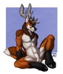 1boy 2014 anthro antlers balls brown_fur canine cervine deer flynx-flink fur furry horn hybrid male male_only mammal nude sheath solo spread_legs spreading