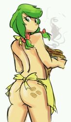 apple_fritter_(mlp) ass bow butt_crack cutie_mark female food friendship_is_magic green_eyes green_hair hairbow human humanized my_little_pony naked_apron nude personification plate simple_background solo steam white_background