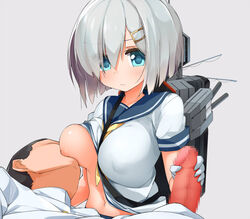 1boy admiral_(kantai_collection) blue_eyes blush breast_sucking breasts censored female gloves hair_ornament hair_over_one_eye hairclip hamakaze_(kantai_collection) handjob kaisen_chuui kantai_collection large_breasts looking_at_viewer nipples nursing_handjob penis school_uniform serafuku short_hair silver_hair white_gloves