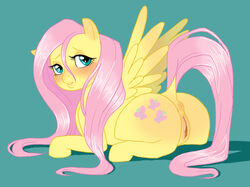 2014 anus ass blue_eyes blush cute cutie_mark dontfapgirl equine female feral fluttershy_(mlp) friendship_is_magic fur hair long_hair looking_at_viewer looking_back mammal my_little_pony pegasus pink_hair plain_background pussy smile solo wings yellow_fur