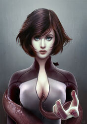 aqua_eyes black_hair bodysuit cleavage grey_bodysuit looking_at_viewer papaninja short_hair simple_background tentacle