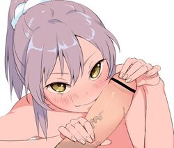 blush breasts censored female handjob jpeg_artifacts looking_at_viewer original penis shinjiro short_hair silver_hair smile solo veins veiny_penis yellow_eyes