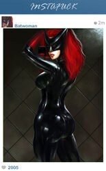 1girls ass batman_(series) batwoman big_ass black_latex bodysuit clothing dat_ass dc female female_only kaihlan kate_kane latex latex_bodysuit latex_clothing latex_suit red_hair selfie shiny_suit social_media solo