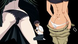 2girls ass ass_cleavage baggy_pants butt_crack clothing green_hair hiyorimi_hiro jeans kaibutsu_oujo kamura_reiri male multiple_girls panties pants_down red_hair riza_wildman take_your_pick tan undressing vampire werewolf