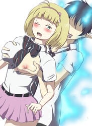 1boy 1girls ao_no_exorcist blonde_female blonde_hair blush breast_grab breast_squeeze breasts breasts_out female fondling fondling_breast grabbing_from_behind hands_on_breasts molestation moriyama_shiemi nipples okumura_rin pink_nipples short_hair skirt straight uniform