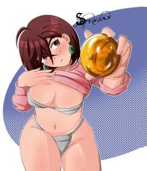 1girls ayase_momo bra brown_eyes brown_hair dandadan golden_balls holding_object medium_breasts panties short_hair sitting solo solo_female solo_focus styxian sweater thick thick_legs thick_thighs underwear white_bra white_panties