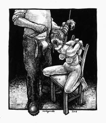 1boy 1girls black_and_white noose rope_bondage tied_to_chair