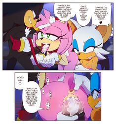 amy_rose anus ass bat belt_collar collar cum english_text exposed_torso female footwear handwear heart-shaped_pupils hecticarts hedgehog humanoid male mammal penis pussy rouge_the_bat shadow_the_hedgehog sonic_(series) straight text