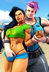 2girls 3d ai_generated angry asymmetrical_hair beach bearhug blue_shorts breasts capcom clothed_sex cornrows crop_top dark_skinned_female dreadlocks fingering from_behind green_shirt groping interracial laura_matsuda light-skinned_female muscular muscular_female overwatch pink_hair reach_around shorts smiling street_fighter wrestling zarya