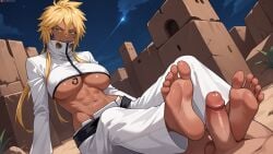 1boy abs ai_generated balls barefoot bleach blonde_hair breasts crescent_moon dark-skinned_female dark_skin erection erosaga feet female foot_focus footjob green_eyes hair_between_eyes large_breasts light_particles long_hair male moon muscular navel night night_sky onsen outdoors pants penis ponytail precum shooting_star sky soles solo_focus space star_\(sky\) starry_sky straight tattoo testicles tier_harribel toenails toes two-footed_footjob uncensored underboob