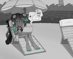 barefoot beach beach_chair bikini callie_(splatoon) feet laptop marina_(splatoon) message monochrome nintendo octoling octoling_girl octopus_girl off_the_hook_(splatoon) pearl_(splatoon) pentaguy splatoon splatoon_2 toes umbrella