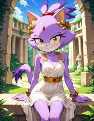 2025 ai_generated anthro blaze_the_cat deviantart drawing elryusam golden_bracelets golden_eyes greek_clothes greek_clothing greek_female jewel_on_forehead looking_at_viewer meta purple_body purple_skin red_cheeks sega sitting smile_at_viewer smiling_at_viewer sonic_(series) sonic_the_hedgehog_(series)