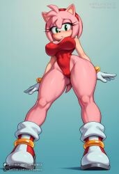 ai_generated amy_rose animal_ears artist_name bangs bare_shoulders blush boots breasts cleavage closed_mouth covered_navel covered_nipples cumsonics eyebrows_visible_through_hair female full_body furry furry_female gloves gradient gradient_background green_eyes highleg large_breasts leotard looking_at_viewer metadata_request model_request patreon_username pink_hair red_footwear red_leotard shoes short_hair simple_background solo sonic_(series) standing tail thick_thighs thighs twitter_username watermark web_address