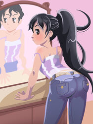 1girls ass dark_hair dat_ass female jeans kekkaishi looking_back mirror ponytail solo tied_hair tight_clothes tight_pants yukimura_tokine