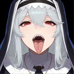 ai_generated arknights grey_hair kao140522 open_mouth red_eyes saliva saliva_trail sharp_teeth specter_(arknights) tongue tongue_out waiting_for_cum