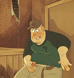 1boy artist_request bara biting_lip buzz_cut chubby clothed disney disney_channel gravity_falls male male_only masturbation muscles penis precum scared solo soos_ramirez