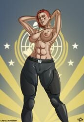 1girls abs big_breasts breasts dave_river female hands_up helldivers helldivers_2 nipple_piercing nipples red_hair self_upload topless topless_female