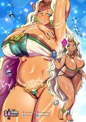 1girls barefoot big_breasts blonde_hair blush breasts cleavage female female_only flower_in_hair green_eyes hi_res long_hair looking_at_viewer nintendo pointy_ears pussy_floss sasatseng smiling smiling_at_viewer solo sonia_(tears_of_the_kingdom) tears_of_the_kingdom the_legend_of_zelda thick_thighs thong topwear very_high_resolution very_long_hair