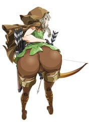 arrow ass bent_over big_ass boots bow_(weapon) brown_eyes brown_hair cameltoe dat_ass dragon's_crown elf elf_(dragon's_crown) female female_only from_behind gloves hand_on_hip hood looking_at_viewer looking_back panties pantylines rantia shorts simple_background solo tied_hair twintails vanillaware