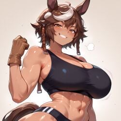 abs ai_generated arketsuai athletic athletic_female black_clothing black_shorts black_tank_top black_topwear brown_eyes brown_hair curvy dark-skinned_female female fit fit_female gloves horse_ears horse_girl horse_tail kemonomimi large_ass large_breasts leather_gloves looking_at_viewer multicolored_hair short_hair smiling sweat tan_body tanline thick_thighs tomboy umari_tomoe upper_body white_hair
