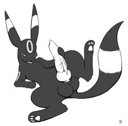 2011 balls barefoot big_penis eeveelution erection feral fur knot long_ears looking_at_viewer male male_only nintendo nude pawpads paws penis plain_background pokemon pokemon_(species) presenting raised_leg smile solo spread_legs spreading teeth umbreon unknown video_games