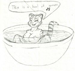 2014 anthro bowl breasts cum dialog english_text fangs feline female fur looking_at_viewer mammal nipples open_mouth plain_background rheumatism sitting smile solo stripes text tiger white_background