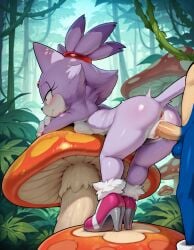 1boy1girl ai_assisted ai_generated anus balls big_ass blaze_the_cat blush breasts butt_crack female forest forest_background furry green_eyes katalystnya looking_pleasured male medium_breasts mushroom penetration penile_penetration penis penis_in_pussy purple_body sega smiling sonic_(series) sonic_the_hedgehog sonic_the_hedgehog_(series) straight tongue_out unseen_male