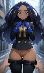 1boy 1girls ai_generated black_hair black_jacket black_pants blue_gloves blue_shirt dark-skinned_female dark_skin female geeta_(pokemon) humiliation long_hair male male_pov multicolored_hair neck_ribbon pants pants_pull pokemon pokemon_sv public_exposure public_indecency standing