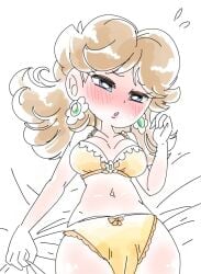 1girls bed blue_eyes blush bra breasts brown_hair cindysuke cleavage clothing earrings female flower_earrings laying_on_bed lingerie looking_up mario_(series) nintendo panties princess_daisy upper_body