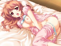 800x600 :o ass bed blush bra bra_lift breast_squeeze breasts brown_hair butt_crack female game_cg long_hair looking_at_viewer lying navel nekoneko_soft nipples open_mouth pajamas panties panties_down red_eyes sorairo tomosaka_tsubame