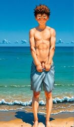 1boy ai_generated anime anime_art anime_style beach blush boy brown_hair bruised cinematic clean_lineart expressive_hair frustrated illustration legs male manga messy_hair outdoors semi_realistic short_brown_hair skinny spiky_hair teenager textured_skin toned_legs warm_colors warm_lighting yaoi yoonwings young young_boy