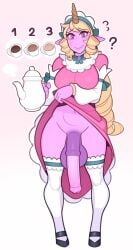 1futa animal_genitalia animal_genitalia_on_humanoid animal_penis balls big_balls big_penis blonde_hair bottomless cafe_cutie_soraka clothed clothed_gynomorph clothed_humanoid clothing clothing_lift dress dress_lift equine_genitalia equine_penis futa_only futanari genitals gynomorph hair hi_res hooves horn horned_humanoid huge_balls humanoid humanoid_pointy_ears intersex league_of_legends looking_at_viewer maid_uniform medial_ring mostly_clothed penis pictographics pointy_ears purple_body purple_skin question_mark riot_games simple_background smile solo soraka splashbrush teapot tencent uniform