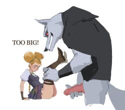 amugea anthro canid canine clothes death_(puss_in_boots) female genitals goldilocks goldilocks_(puss_in_boots) goldilocks_and_the_three_bears human impossible_fit knot large_penis larger_male male penis penis_awe puss_in_boots_(dreamworks) puss_in_boots_the_last_wish size_difference smaller_female source_request text too_big uncensored wolf