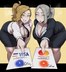 2girls anal_autograph anus_autograph big_ass big_breasts blonde_hair blush bra breasts cathriellrue cleavage female female_only grey_hair looking_at_viewer mastercard office_lady pencil_skirt ponytail skirt smile sweat sweaty_body tagme thick_thighs thighs visa white_eyes yellow_eyes