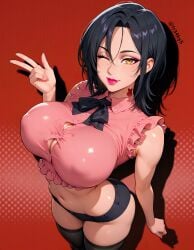 ai_generated button_gap fr34ky huge_breasts mature_female merlin_(nanatsu_no_taizai) midriff minishorts nanatsu_no_taizai navel yellow_eyes