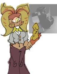 a-120 a-120(interminable-rooms) clothed cyclops dildo embarassed female female_only gloves holding_object horns interminable_rooms_(roblox) meme_in_the_background multiple_horns one_eye_open ripped_shirt staring_at_penis stretch_marks suit two_time_(forsaken) twotimesigma