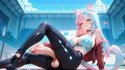 ai_art ai_generated animal_ears blue_hair bralette cat_ears cat_girl cat_tail catgirl dickgirl from_side futanari hyper hyper_genitalia hyper_penis intersex knee_up koneko konekofuta large_breasts large_penis pants pink_hair sitting two_tone_hair two_tone_hair_(blueandpink)