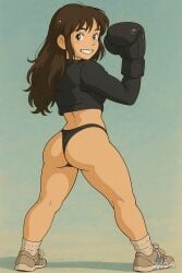 1girls ai_generated alana athletic athletic_female bare_legs boxing_gloves brown_hair bubble_butt crop_top female ghibli_art grey_eyes grin latina leggings long_hair looking_back panties shoes smile sneakers sneakers_without_bottomwear socks solo sweatshirt thong twitch