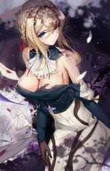 ascot bare_shoulders black_gloves blonde_hair blue_eyes blue_gemstone blush braid breasts brooch cleavage closed_mouth commentary dated detached_collar envelope facing_to_the_side female from_above gem gloves hair_between_eyes hair_intakes hair_ribbon head_tilt highres jewelry large_breasts letter long_skirt long_sleeves looking_at_viewer looking_up medium_hair petals rabbit_(tukenitian) red_ribbon ribbon shiny_skin side_braid sidelocks sideways_glance signature skirt solo string torn_clothes tsurime violet_evergarden violet_evergarden_(character) violet_evergarden_(series) wax_seal white_ascot white_skirt
