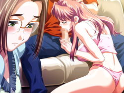 breasts censored cum fellatio game_cg hand_on_head houya_yukitoshi lingerie long_hair oral penis pink_hair reversible yoshimori_misaki