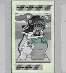 barefoot beach beach_chair bikini callie_(splatoon) feet foot_fetish foot_focus hypno_shades_(splatoon) hypnosis inkling inkling_girl marina_(splatoon) message mind_control monochrome nintendo octoling octoling_girl octopus_girl off_the_hook_(splatoon) pentaguy smile splatoon splatoon_2 toes umbrella