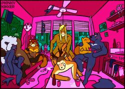 ambiguous_gender anthro antlers artist_name badger beverage_can blinds bodily_fluids bovid bra breasts caprine ccapybara ceiling_fan clothing condom condom_on_floor container cum cup deer digital_media_(artwork) ejaculation electric_fan equid equine erection felid female filled_condom fisheye_lens futanari genital_fluids genitals group gynomorph holding_container holding_cup holding_object horn horse inside intersex kinkykikker male mammal mustelid musteline nude pantherine penis pink_wall poster record_player sexual_barrier_device sheep shelf speaker text tiger underwear