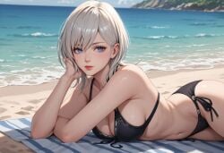 ai_generated beach bikini black_bikini blue_eyes female large_breasts looking_at_viewer lying lying_on_stomach medium_hair nier nier_reincarnation pale-skinned_female pale_skin white_hair yorha_10h