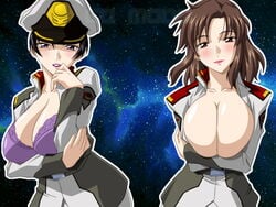 2girls belt black_hair blush bra breast_squeeze breasts brown_hair cleavage gundam gundam_seed hat huge_breasts lingerie lipstick military military_uniform multiple_girls murrue_ramius natarle_badgiruel no_bra no_nipples open_clothes open_shirt peaked_cap purple_eyes shirt short_hair soul_foundation space takapiko underwear uniform