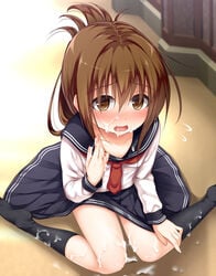 blush brown_eyes brown_hair collarbone cum cum_in_mouth cum_on_body cum_on_clothes cum_on_lower_body facial folded_ponytail haryuu_(poetto) highres inazuma_(kantai_collection) kantai_collection kneehighs long_hair school_uniform serafuku sitting skirt