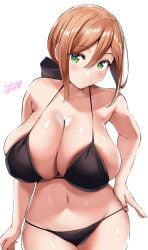 1girls absurd_res artist_name belko bikini black_bikini black_ribbon blush breasts brown_eyes brown_hair cleavage collarbone curvy dated female female_only groin hair_ribbon hi_res highres huge_breasts looking_at_viewer miko-san_(belko) navel original ribbon sideboob sidelocks solo stomach thighs twitter_username wide_hips