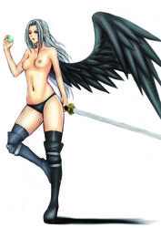 black_panties boots breasts earrings eizen10 female final_fantasy final_fantasy_vii green_eyes katana long_hair mismatched_legwear navel nipples on_one_foot panties rule_63 sephiroth silver_hair simple_background single_wing solo standing sword thighhigh_boots thighhighs topless underwear weapon white_background