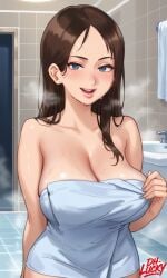 1girls ai_generated bathroom blush blush_lines breasts brown_hair completely_nude covering_breasts dh_lucky female jenny_(summertime_saga) long_hair nude seductive_look seductive_smile standing steam summertime_saga towel towel_only wet wet_body