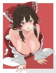 1girls absurdres ai-assisted all_fours black_hair blush bow breasts brown_eyes cleavage commentary female frilled_bow frills hairbow hakurei_reimu highres japanese_clothes large_breasts long_hair nontraditional_miko open_mouth reimu_hakurei solo sweat touhou txlyre