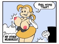accidental_exposure areolae blonde_hair breasts city cloud comic_panel dialogue exposed_breasts female_focus flashing flashing_breasts flying gloves heroine huge_breasts idol_clothes joke nipples o'rage_woman original original_character short_hair short_skirt skirt speech_bubble speech_bubbles surprised surprised_female surprised_reaction